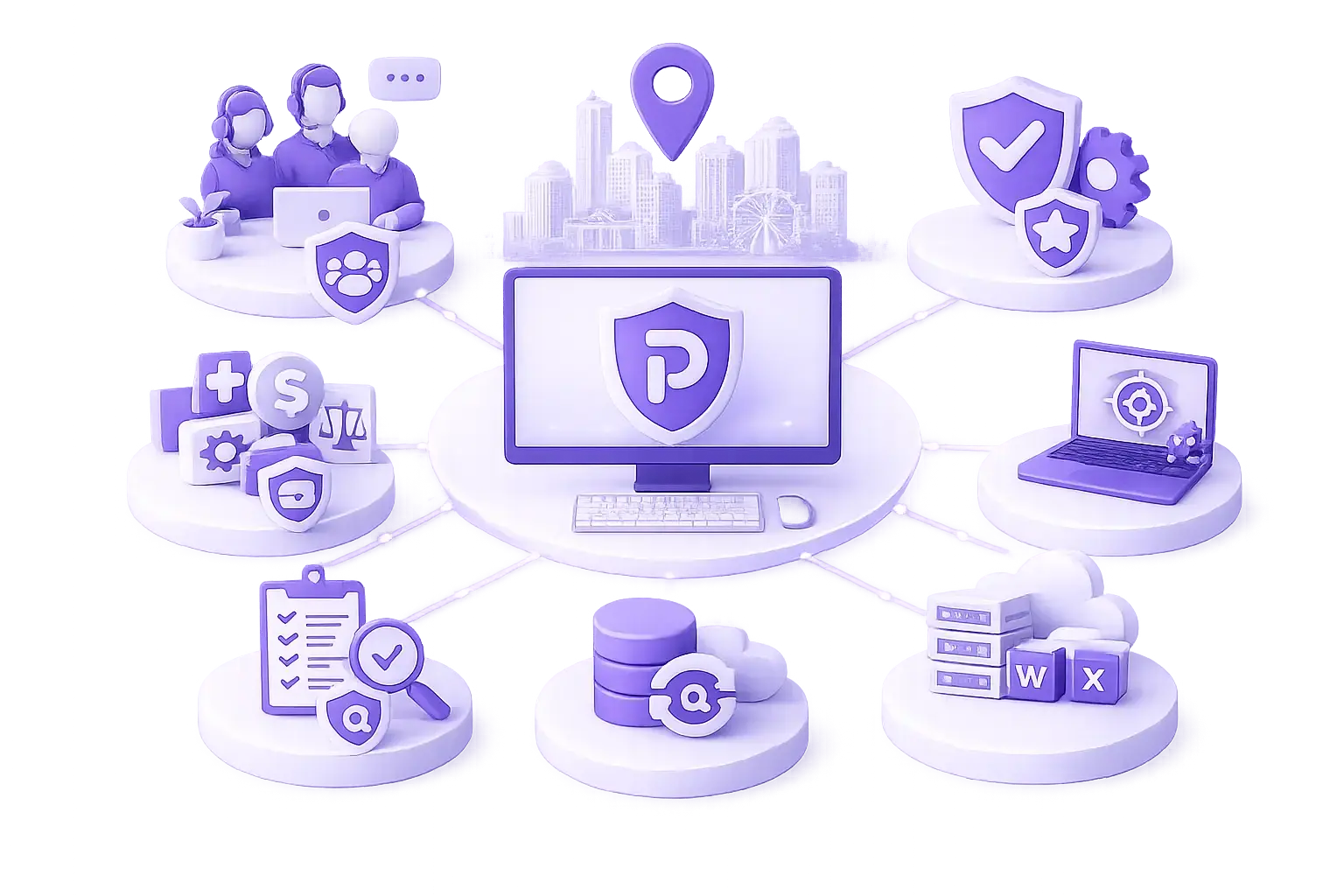 Isometric illustration of Orlando businesses supported by ProSource managed IT