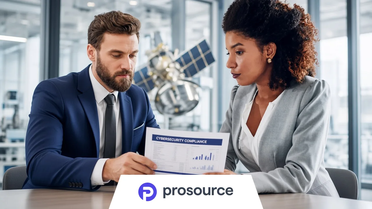 Two professionals reviewing a cybersecurity compliance document at a Florida aerospace and defense company