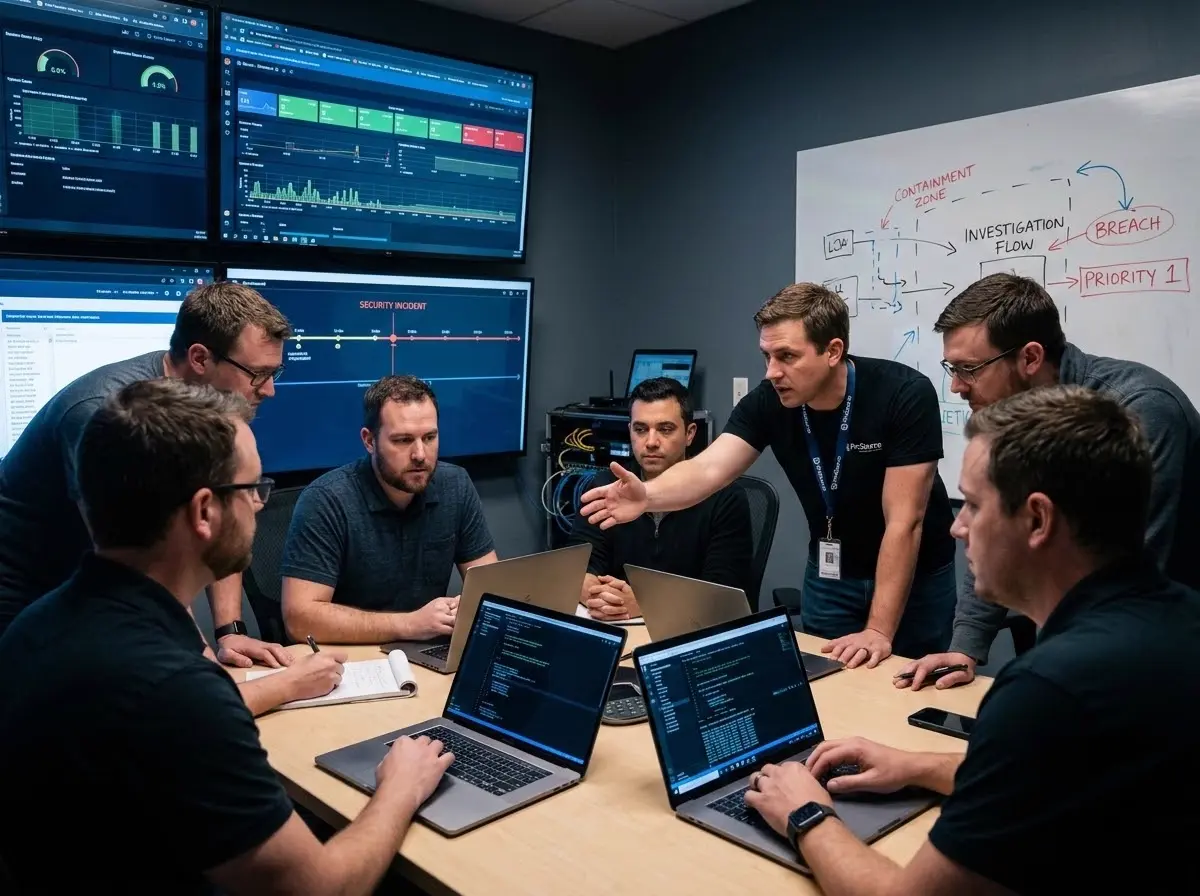 Incident response team coordinating around a conference table during a security incident