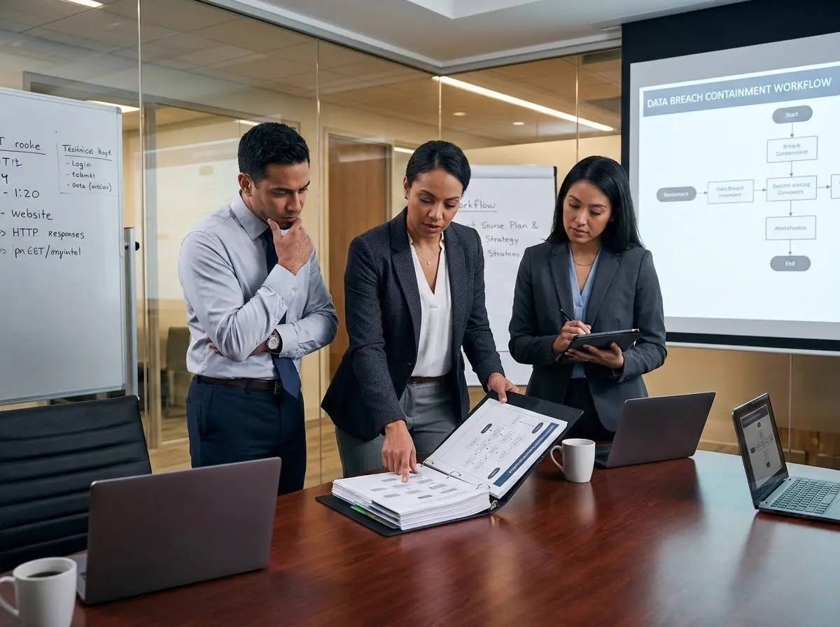 Security team reviewing incident response procedures on a laptop