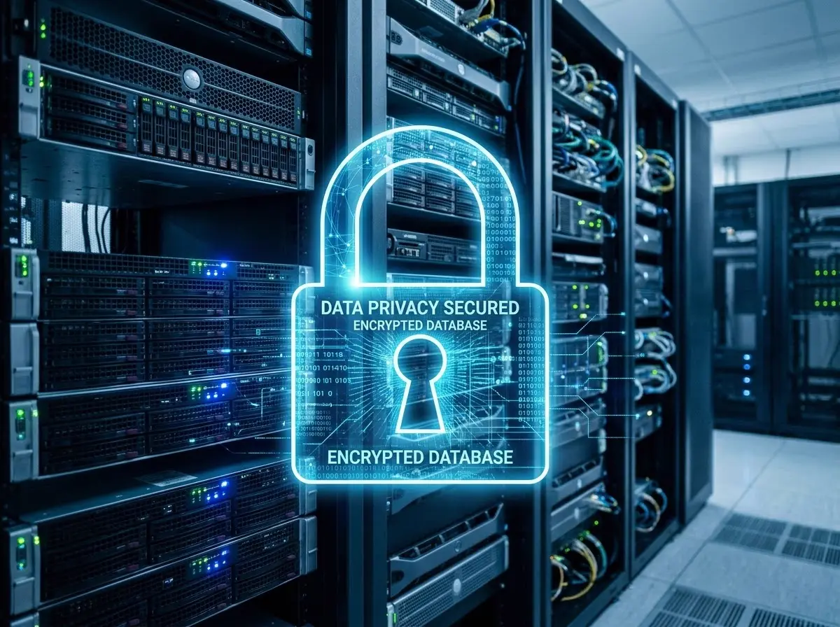Server room with a digital padlock representing secured data privacy