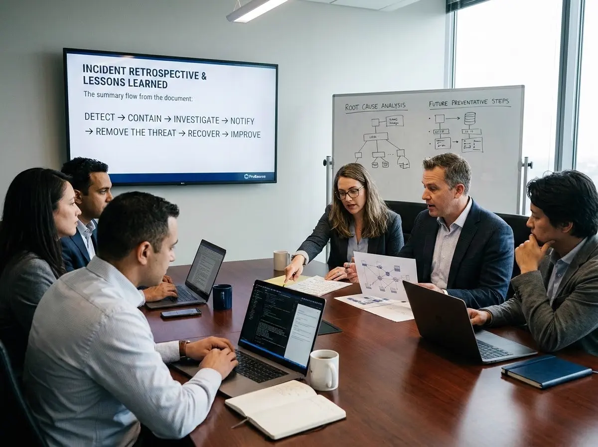 Team conducting a post-breach review and documenting lessons learned