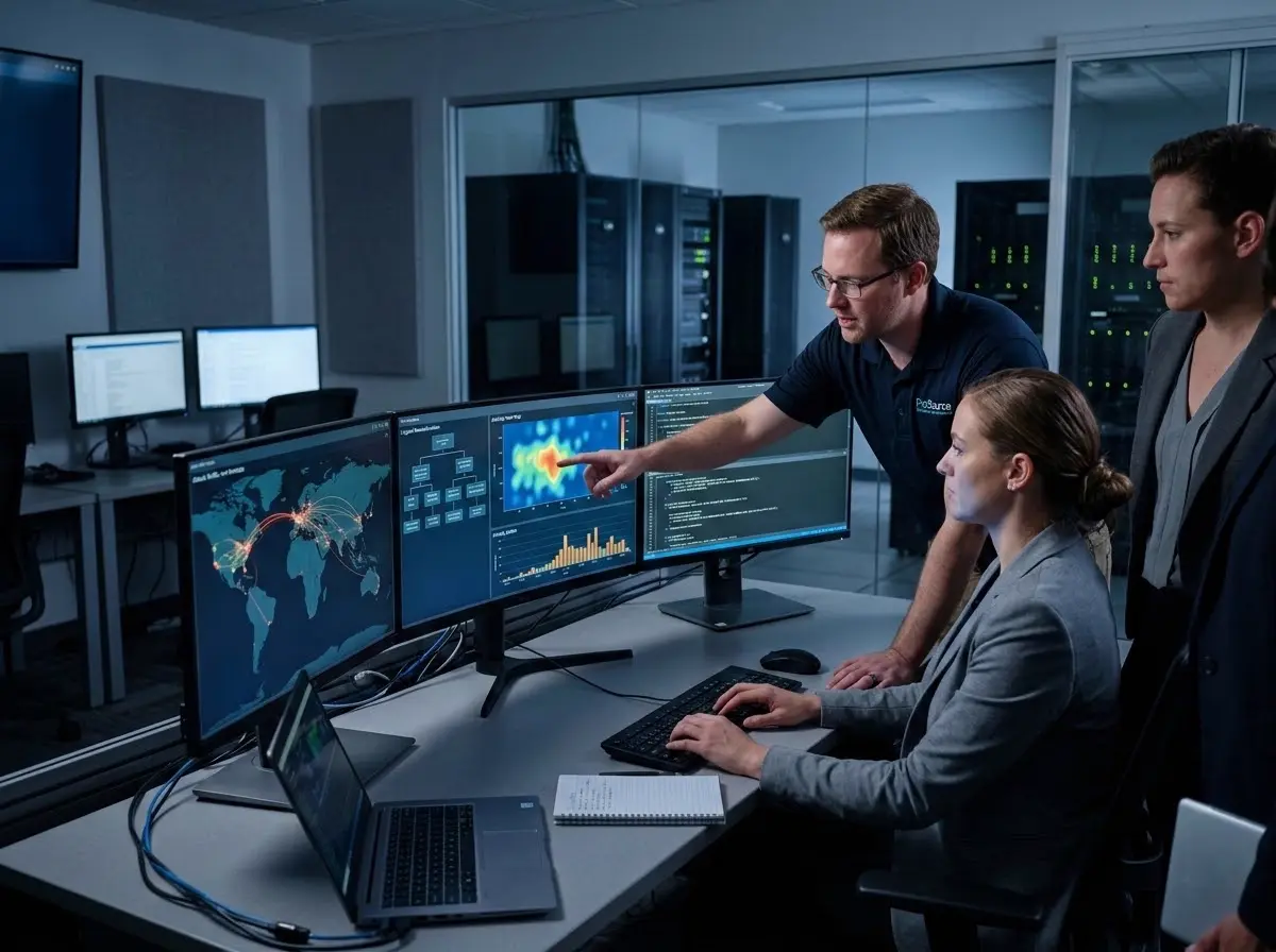ProSource cybersecurity team investigating a security incident in a security operations center