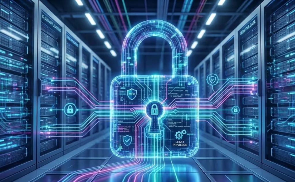 Digital padlock overlay on a server room illustrating Zero Trust controls including MFA, least privilege, and data protection