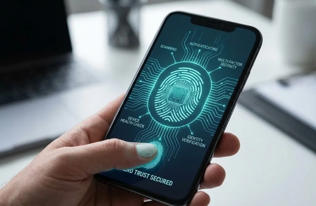 Smartphone verifying identity with multi-factor authentication and a device health check