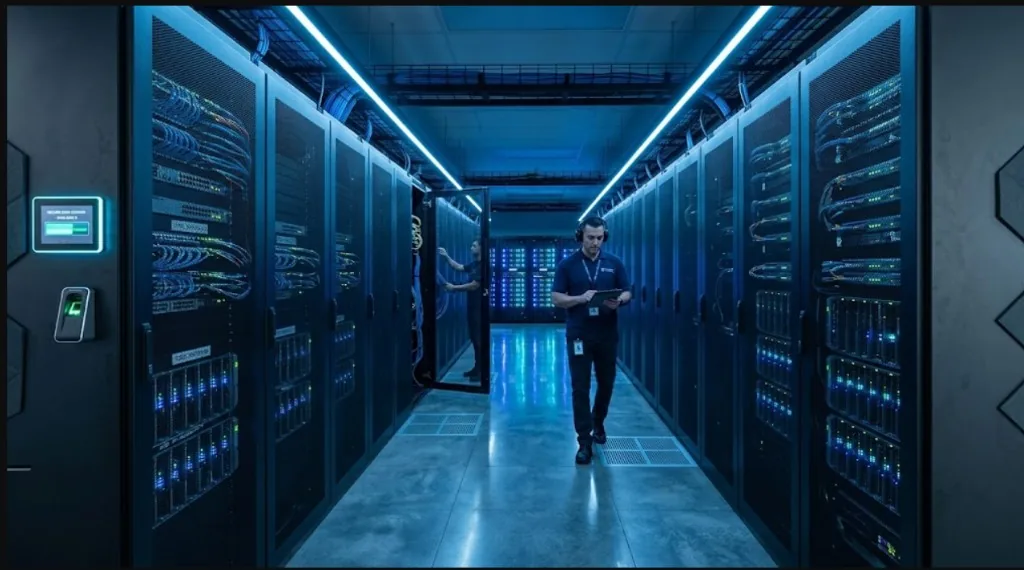 IT technician in a secured data center using badge and biometric access controls